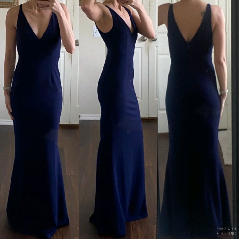 Lulu's navy midnight blue deep v plunge sleeveless mermaid hem formal prom dress